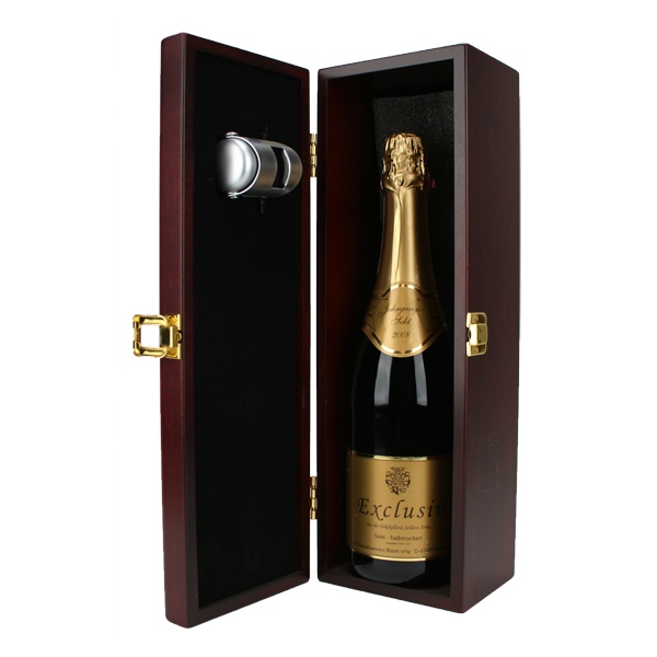 Geschenk-Set Holzkiste Luxury mit Schloss Arrars Jahrgangssekt und Sektflaschenverschluss