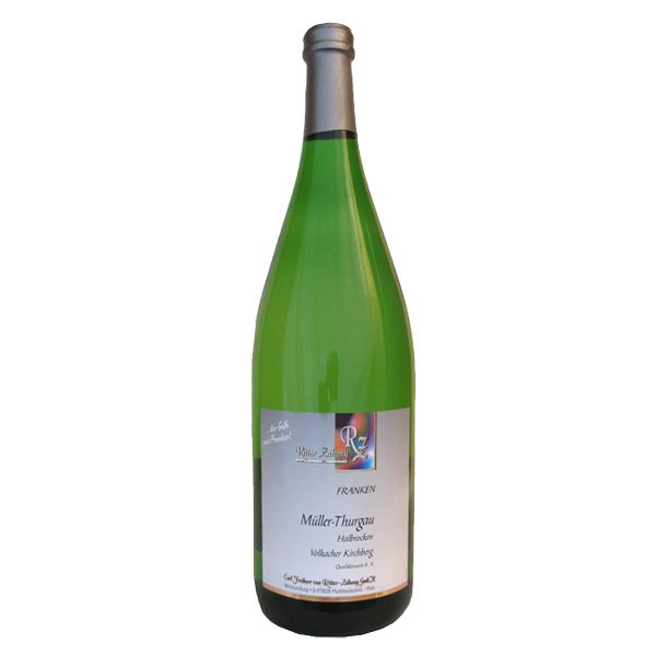 Wein Deutschland Franken Weißwein halbtrocken - Carl Volkacher Freiherr QbA gourmet-weinhandel Literflasche Kirchberg Ritter-Zahony Müller-Thurgau von